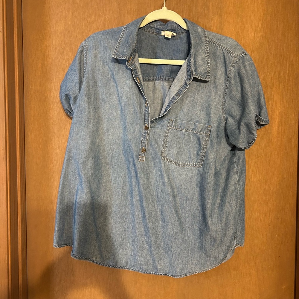 a.n.a Light Blue Denim Short Sleeve Top